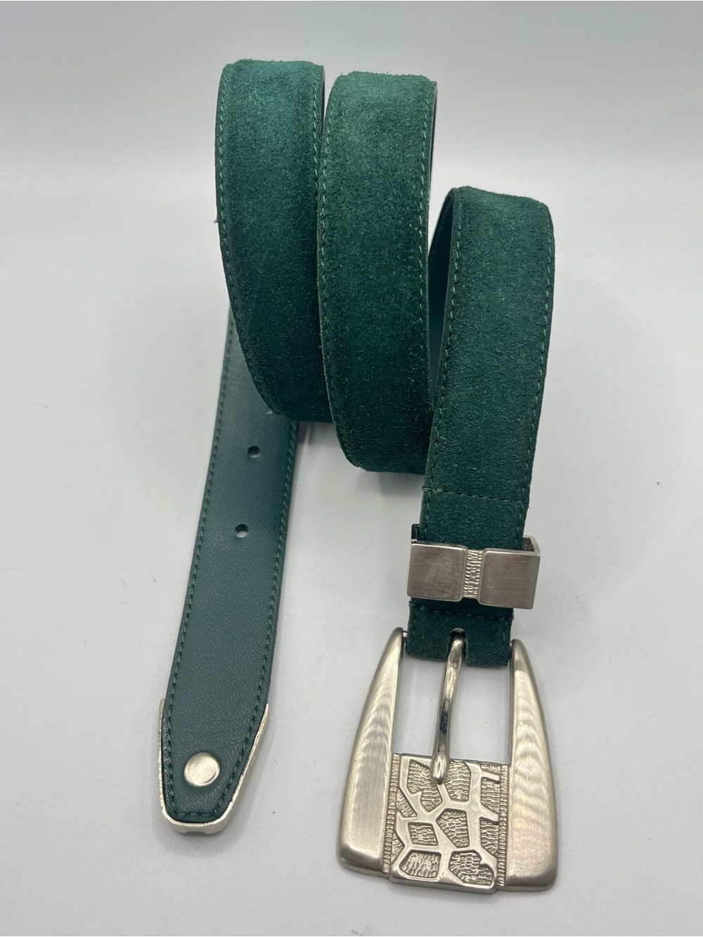 Vintage Hunter Green Suede Belt with Textured Silver Buckle